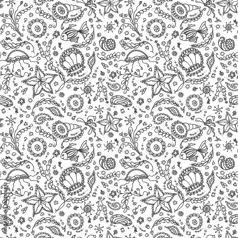 Handmade seamless pattern or background with abstract marine world in black white for coloring page or relax coloring book