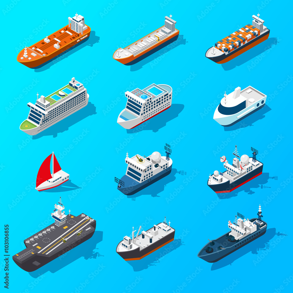 Fototapeta premium Ships Boats Vessels Isometric Icon Set