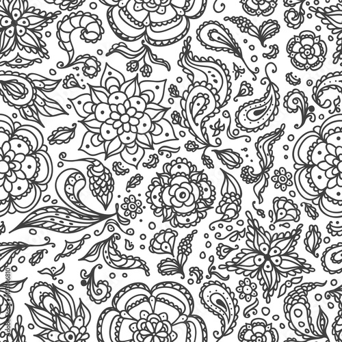 Seamless abstract floral pattern with flowers, petals, leaves, seeds, plants  in black white for coloring page or for relax coloring book
