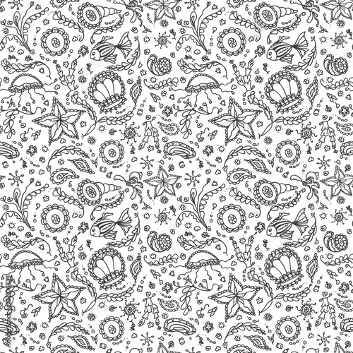 Handmade seamless pattern or background with abstract marine world in black white for coloring page or relax coloring book