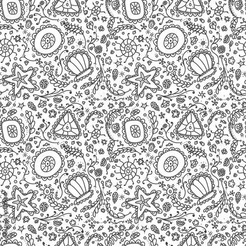 Handmade seamless pattern or background with abstract protozoa or abstract plankton in black white for coloring page or relax coloring book