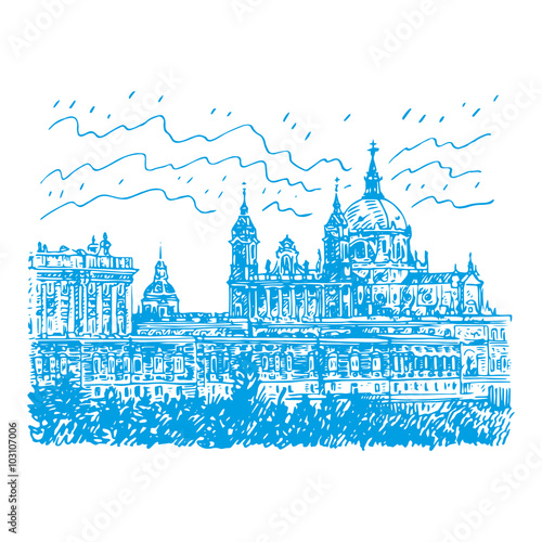 Santa Maria la Real de La Almudena Cathedral and the Royal Palace. Madrid, Spain. Drawn pencil sketch. Vector file