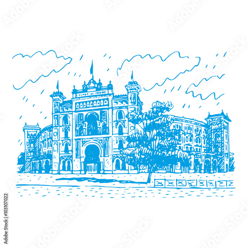 Las Ventas Bullring in Madrid, Spain. Drawn pencil sketch. Vector file