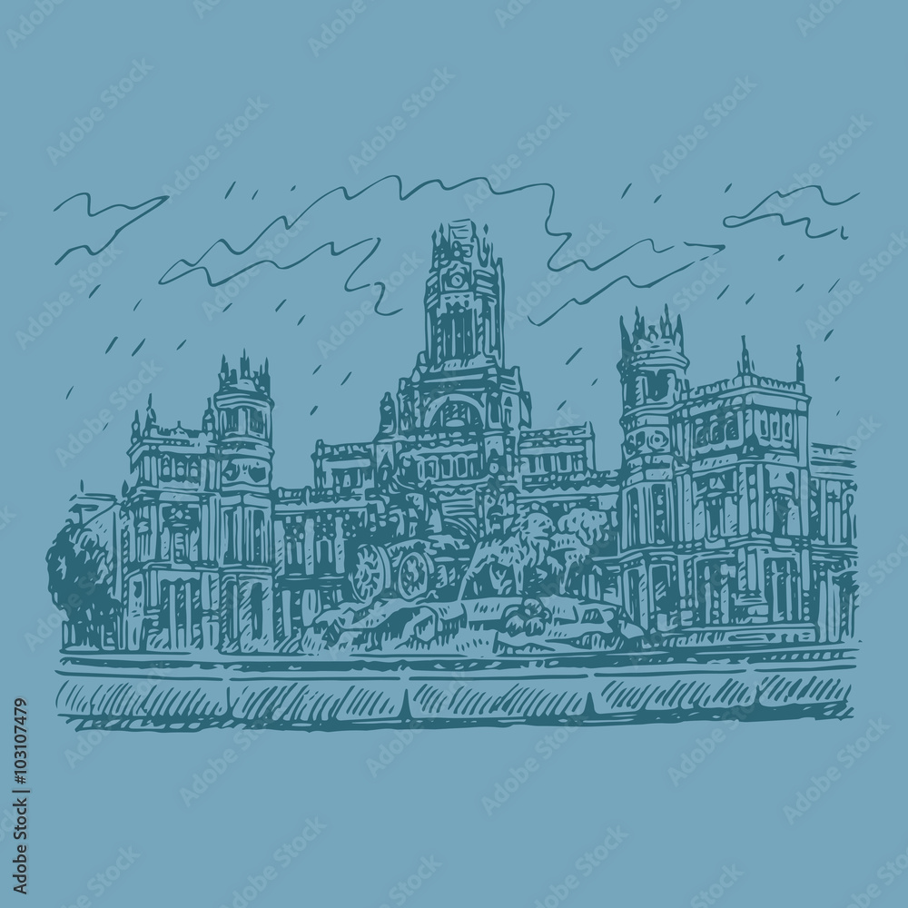 Cybele Palace and fountain at the Plaza Cibeles in Madrid, Spain. Drawn pencil sketch. Vector file