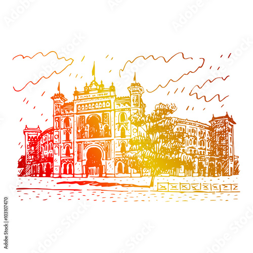 Las Ventas Bullring in Madrid, Spain. Drawn pencil sketch. Vector file