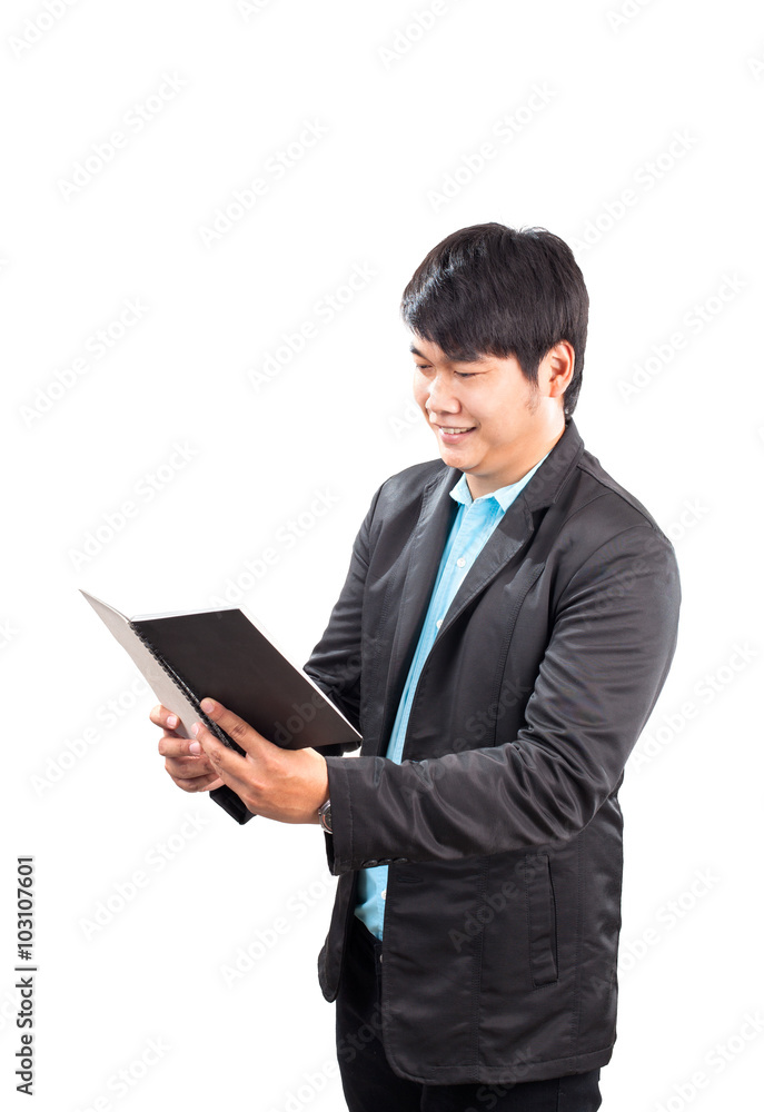 business man reading note book with happiness face isolated whit