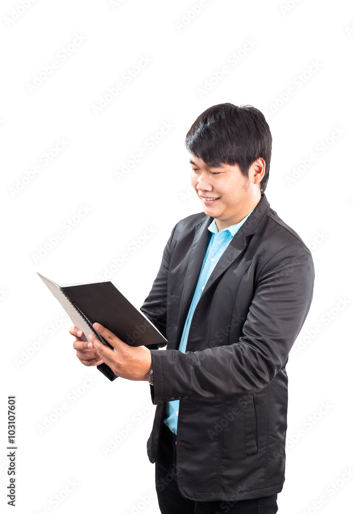 business man reading note book with happiness face isolated whit business man reading note book with happiness face isolated whit