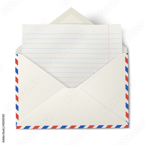 Opened air mail envelope with white lined paper inside isolated