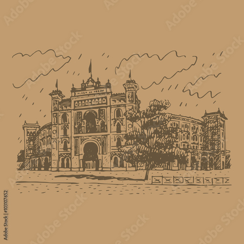 Las Ventas Bullring in Madrid, Spain. Drawn pencil sketch. Vector file