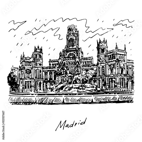 Cybele Palace and fountain at the Plaza Cibeles in Madrid, Spain. Drawn pencil sketch. Vector file