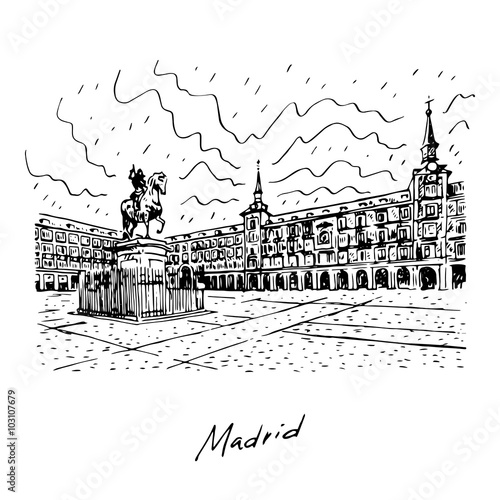 Statue of Philip III on Mayor plaza in the center of Madrid, Spain. Drawn pencil sketch. Vector file