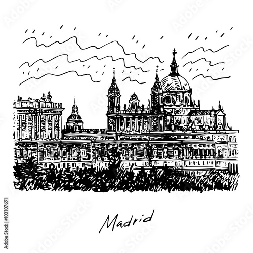 Santa Maria la Real de La Almudena Cathedral and the Royal Palace. Madrid, Spain. Drawn pencil sketch. Vector file