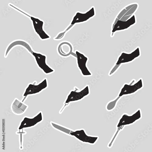 black silhouette of hands with various tools stickers eps10
