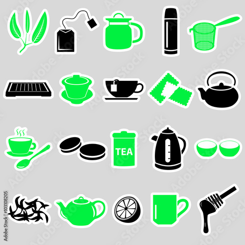 tea theme simple stickers icons set eps10