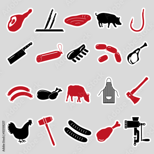 butcher and meat shop black and red stickers set eps10