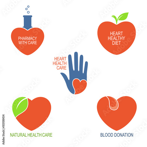 Set of icons and emblems with heart symbol for health care, cardiology, pharmacy and blood donation