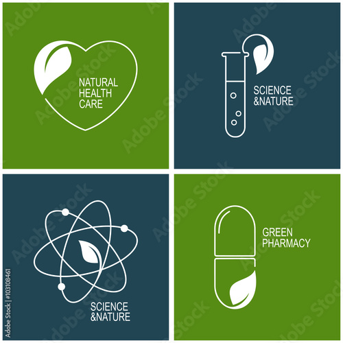 Set of icons and emblems for green pharmacy, natural health care and herbal medicine