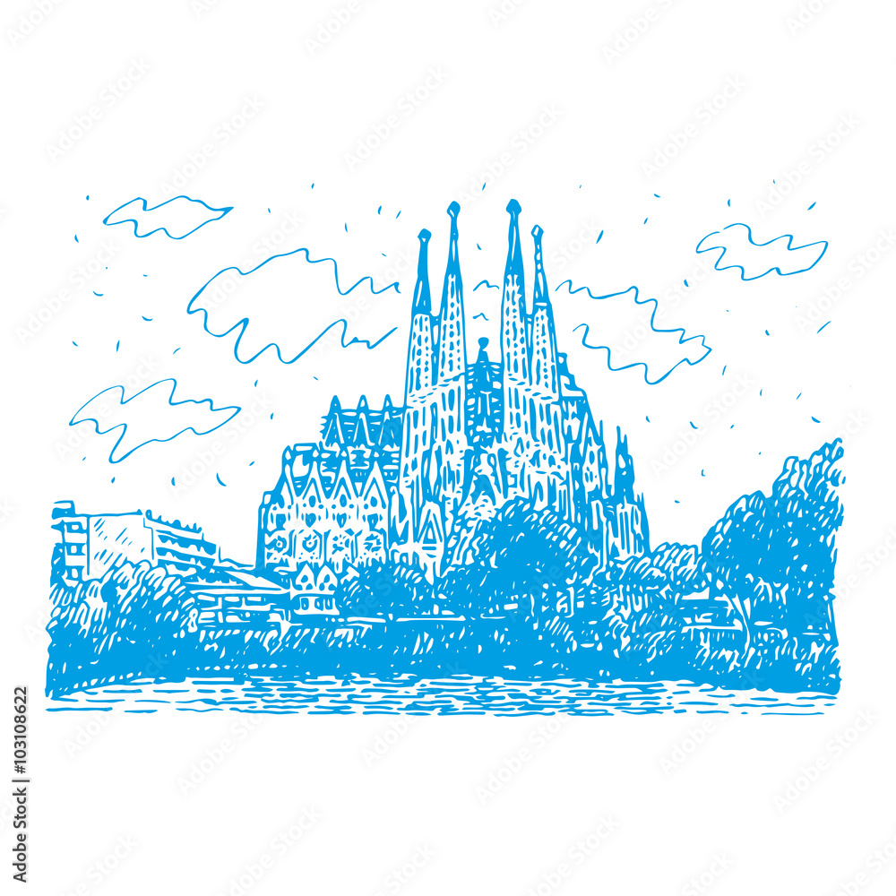 Sagrada Familia Temple In Barcelona Spain Drawn Pencil Sketch Vector 