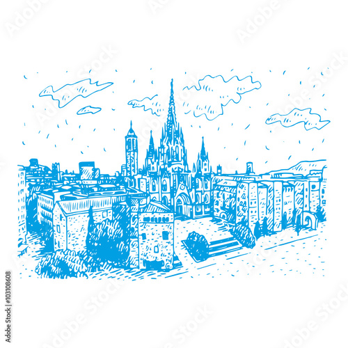 The Cathedral of the Holy Cross and Saint Eulalia in Barcelona  Spain. Drawn pencil sketch. Vector file
