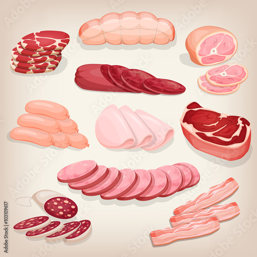 Collection of various delicious meat products. Set of different butchery meat including salami, prosciutto, pepperoni, ham, bacon and sausages. Cartoon style icon. Restaurant menu illustration. 