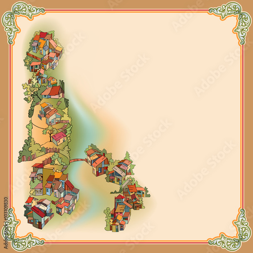 Vintage, graphic background depicting a landscape with a small village on peak, tree, hills and fleet; Baroque ornamental frame