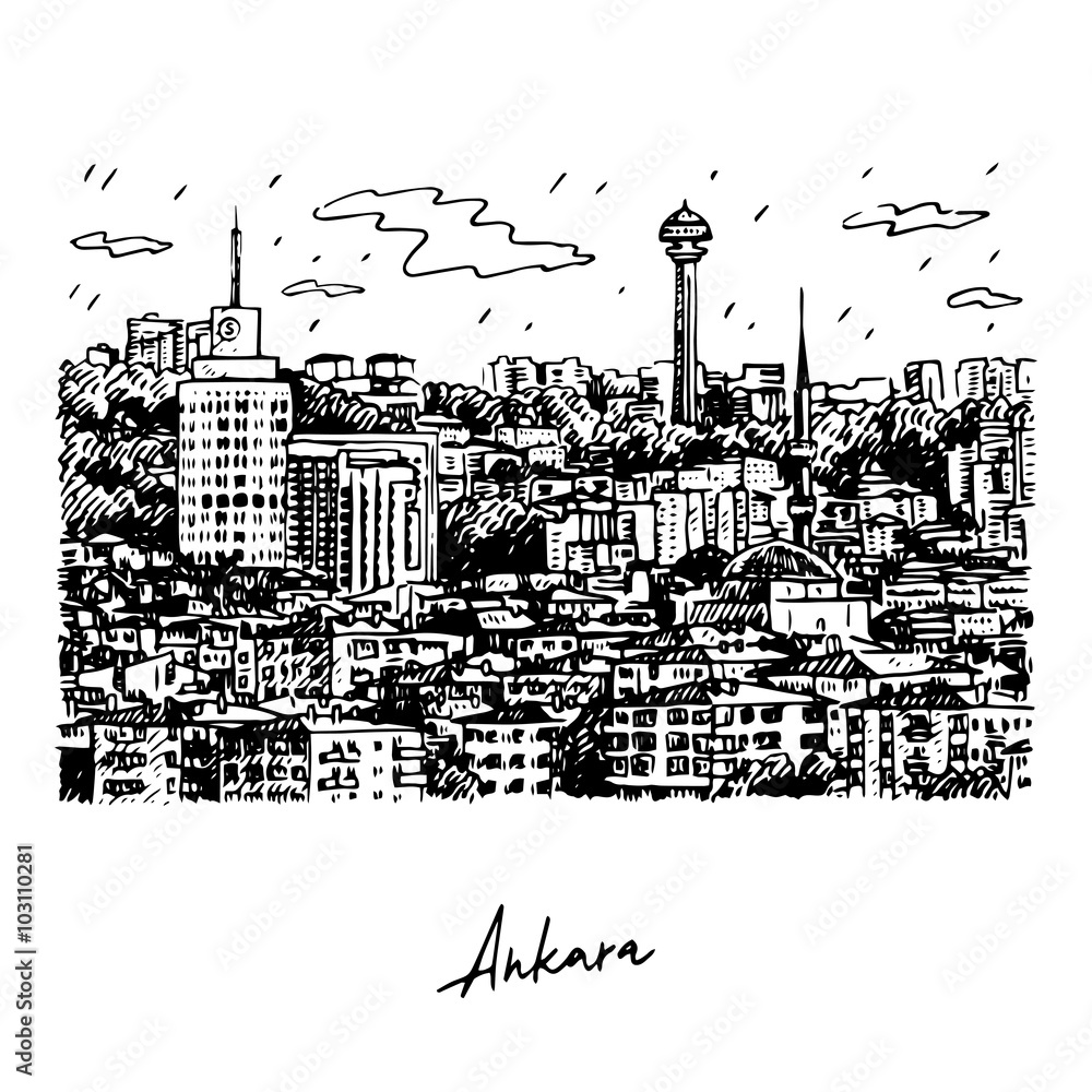 View of Ankara, capital city of Turkey. Vector freehand pencil sketch.