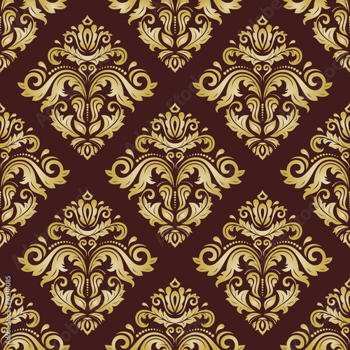 Oriental vector classic ornament. Seamless abstract background. Brown and golden damask pattern