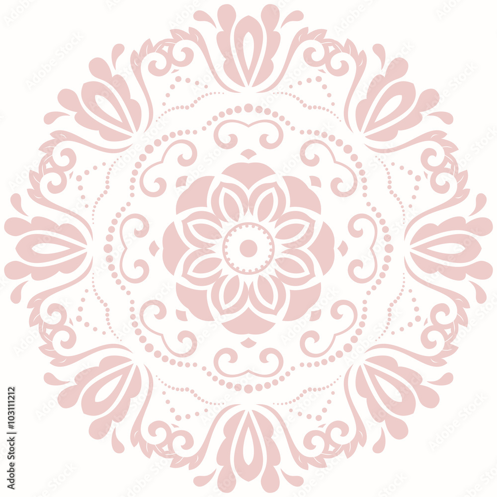 Oriental vector pattern with arabesques and floral elements. Traditional classic round pink ornament