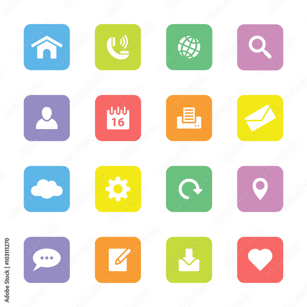 Colorful simple flat icon set 1 on rounded rectangle for web design, user interface UI, infographic and mobile application Colorful simple flat icon set 1 on rounded rectangle for web design, user interface UI, infographic and mobile application