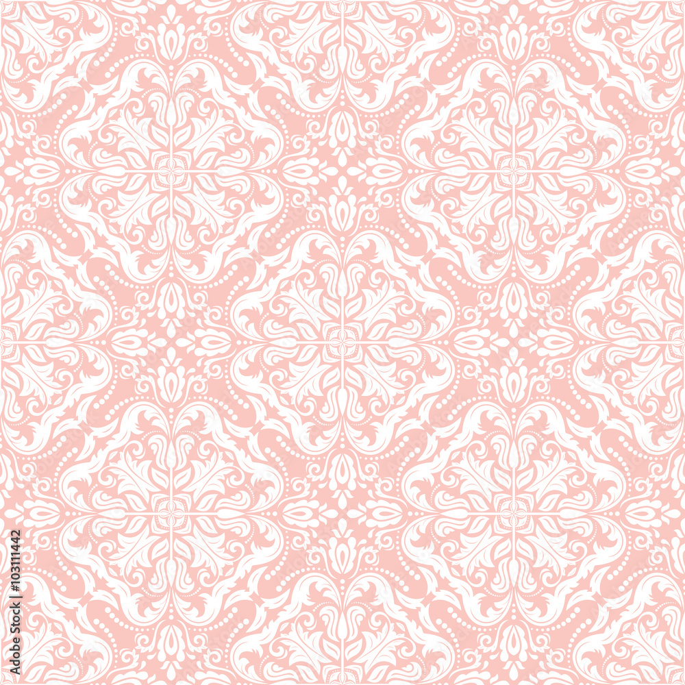 Seamless oriental ornament in the style of baroque. Traditional classic vector pink and white pattern
