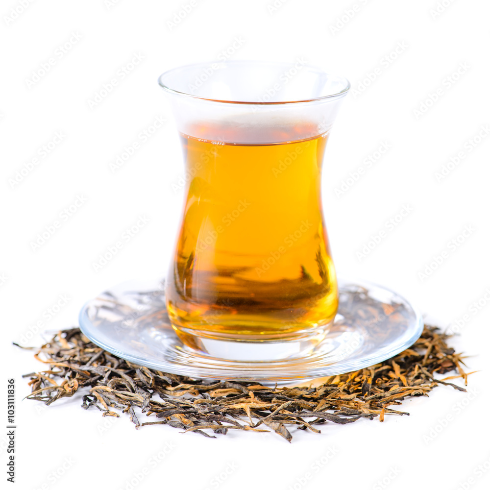 Fototapeta premium Tea brewed in a cup (mess) Golden needle with a red-haired (Gold