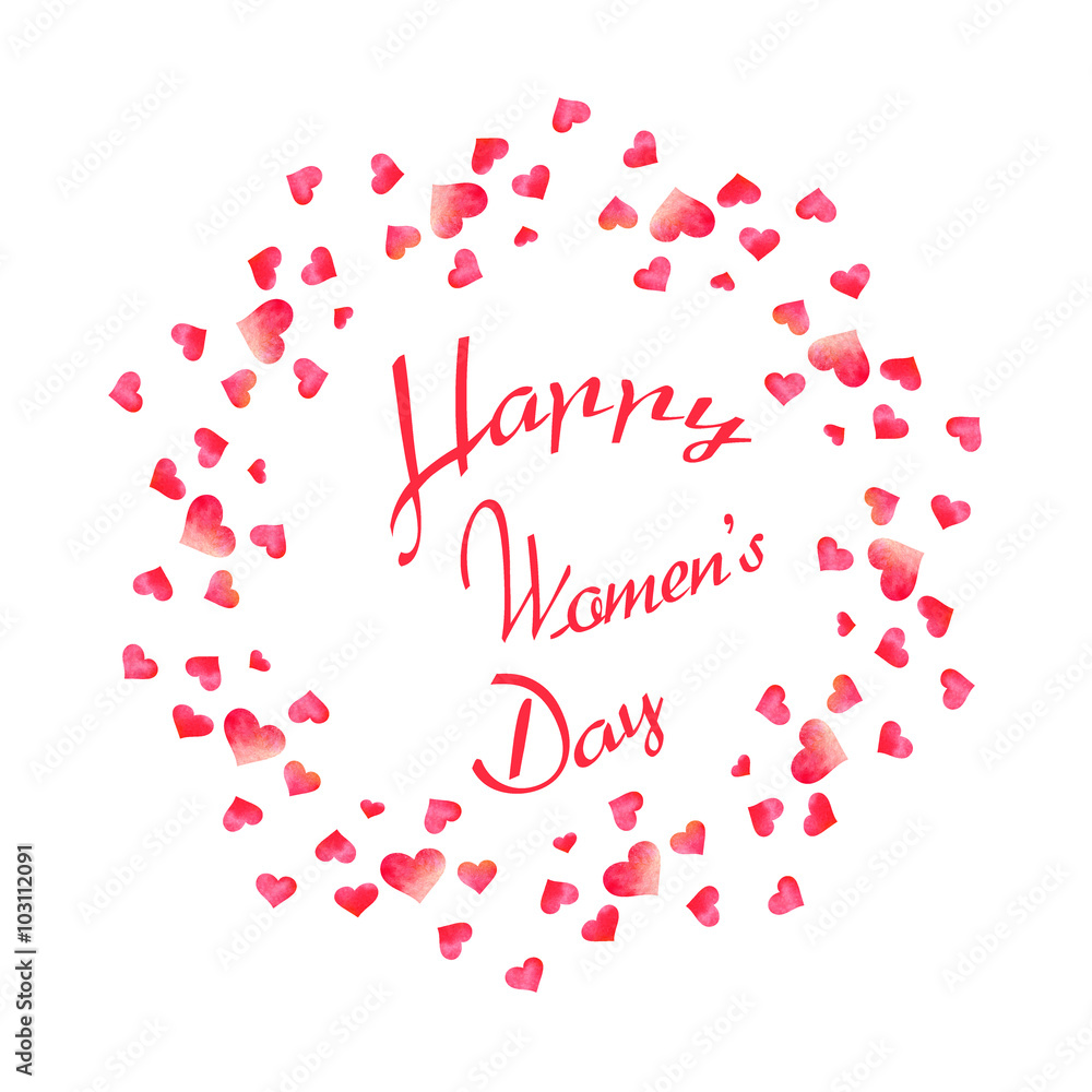 Happy International Womens Day lettering. Falling down watercolor hearts, spinning around the letters. Soft blur red background. 8 March. White background. Happy International Womens Day lettering. Falling down watercolor hearts, spinning around the letters. Soft blur red background. 8 March. White background.