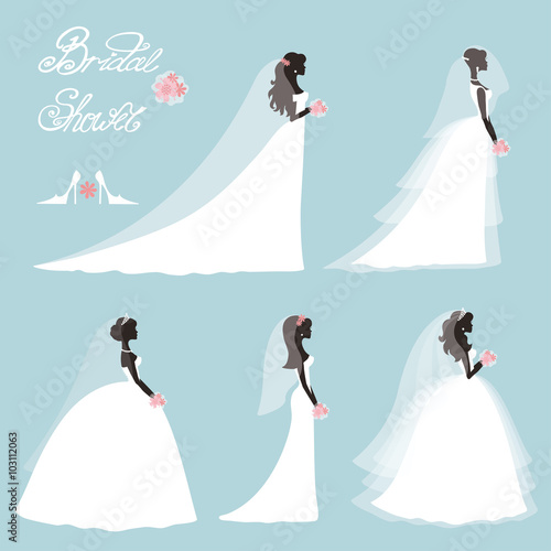 Bride in dress.Wedding bridal shower set.Flat silhouette