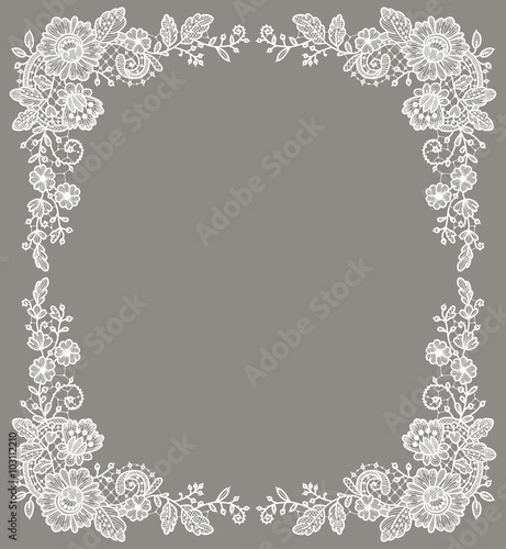 Card. White Lace Frame. Floral Pattern. Gray Background.