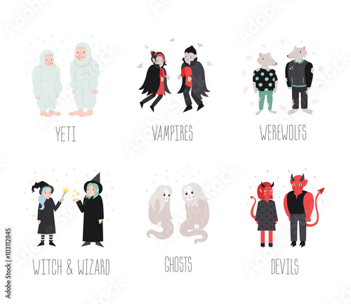 Fairytaile and fantastic cartoon creatures and monsters vector set. Cute naive style.