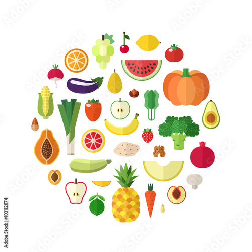 Vegetables, fruits and nuts food vector circle background. Modern flat design.