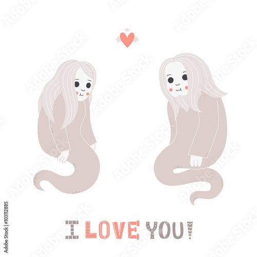 Ghost cute couple in love with heart vector illustration. I love you! greeting card.