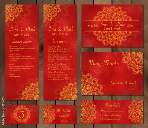 Collection of ethnic cards,menu or wedding invitations with indian ornament.