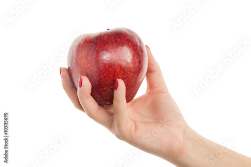 Woman's hand holding red apple. Isolated on a white background.