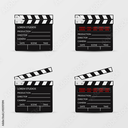 Movie clapperboard vector set. Clapperboard film, video clapboard, clapper board, movie cinematography illustration