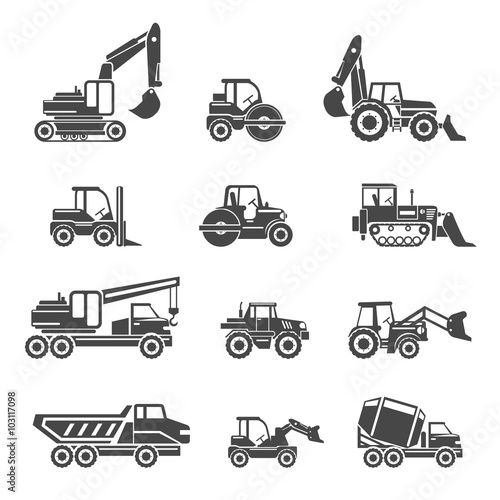 Construction vehicles icons. Vehicle car, machine bulldozer construction, industry vehicle tractor, excavator and tipper, vector illustration