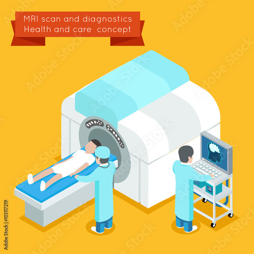MRI process. 3d isometric MRI health care vector concept. MRI medical and MRI technology mri or MRI  scanner illustration