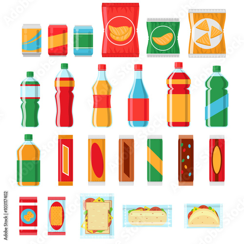 Fast food snacks and drinks flat vector icons. Vending machine products, Snack food, chip product, pack snack illustration