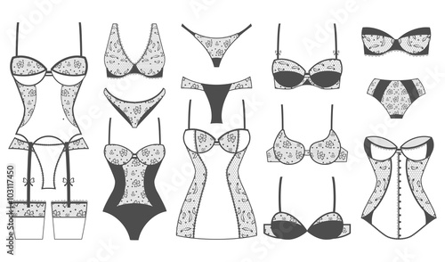Sexy lacy lingerie set. Vector lingerie icons. Female fashion lingerie, underwear sexy, cloth design lingeria lacy illustration