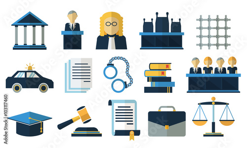 Law and justice flat vector icons. Justice law, court legal justice, tribunal justice illustration