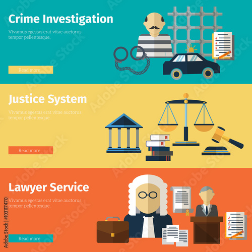 Justice and lawyer service vector banners set. Lawyer and court, justice law illustration
