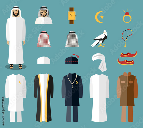 Arab man clothes and accessories. Arab cloth, traditional cloth, arabic islam cloth. Vector illustration