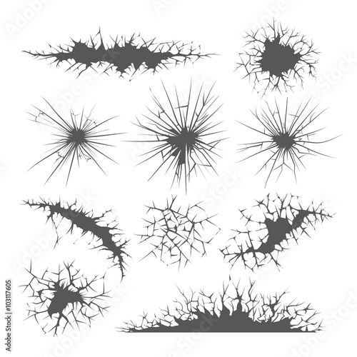 Cracks in wall, glass clefts and break of earth. Vector cracks. Ground split, surface crack illustration