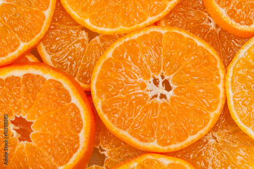 bright orange background from slices of juicy mandarins