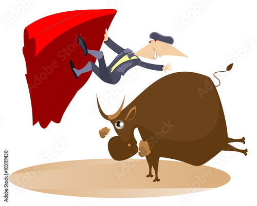 Bullfight. Bull raised the bullfighter by horns
